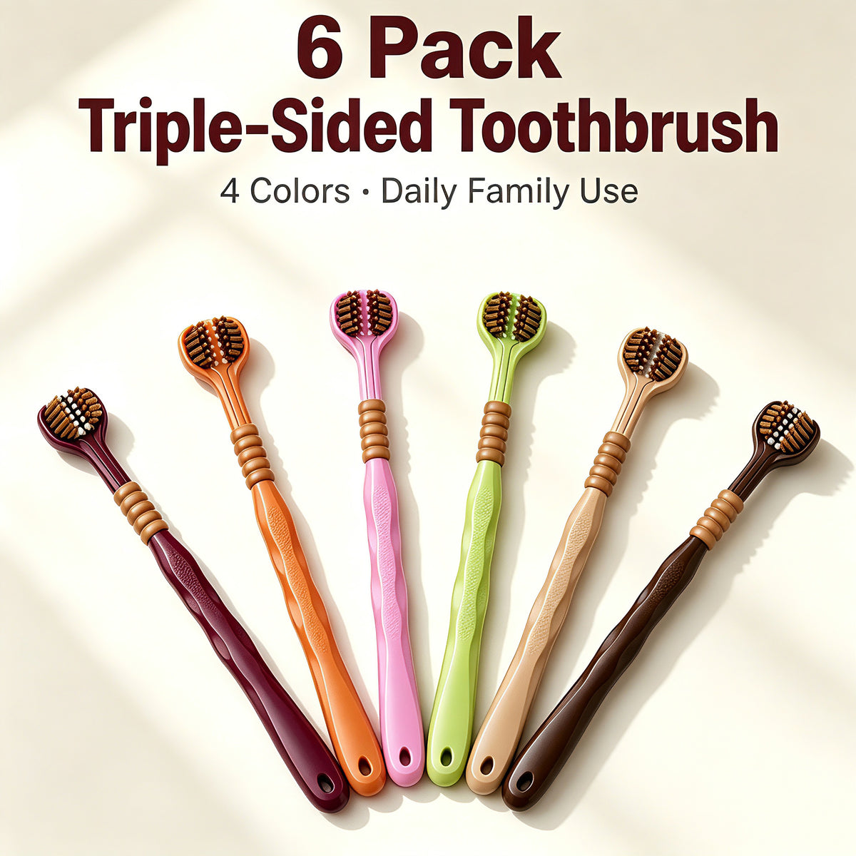 3-Sided Toothbrush | 6-Pack | Fan-Shaped Head | Deep Clean All Surfaces | 6 Colors