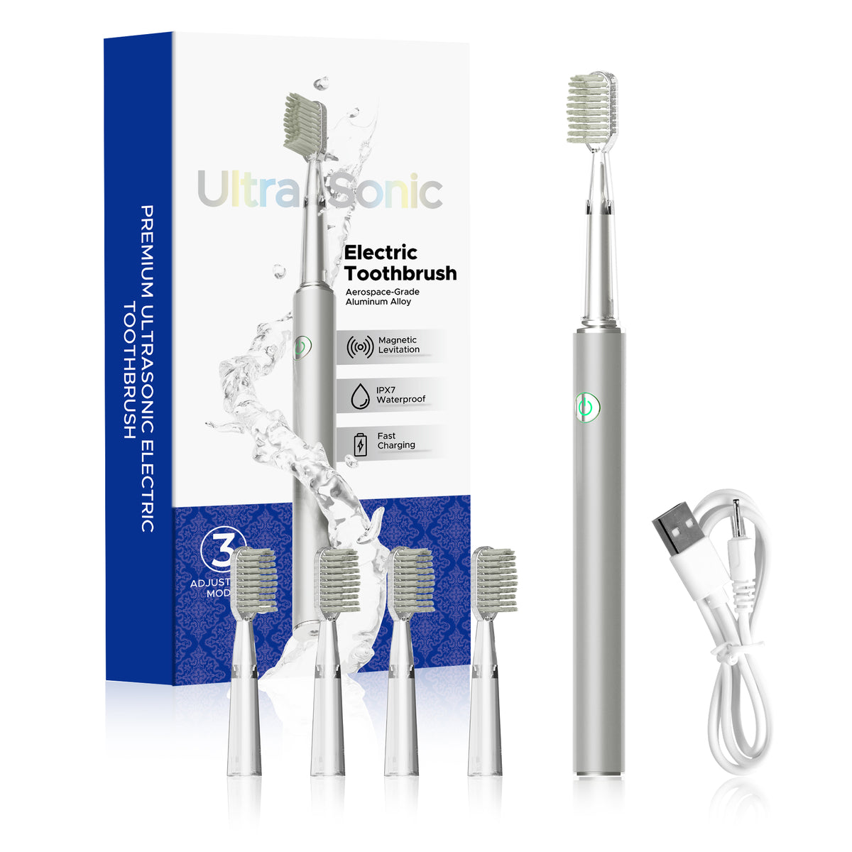 Ultrasonic Electric Toothbrush | Aerospace Metal Body | IPX7 Waterproof | 4 Brush Heads