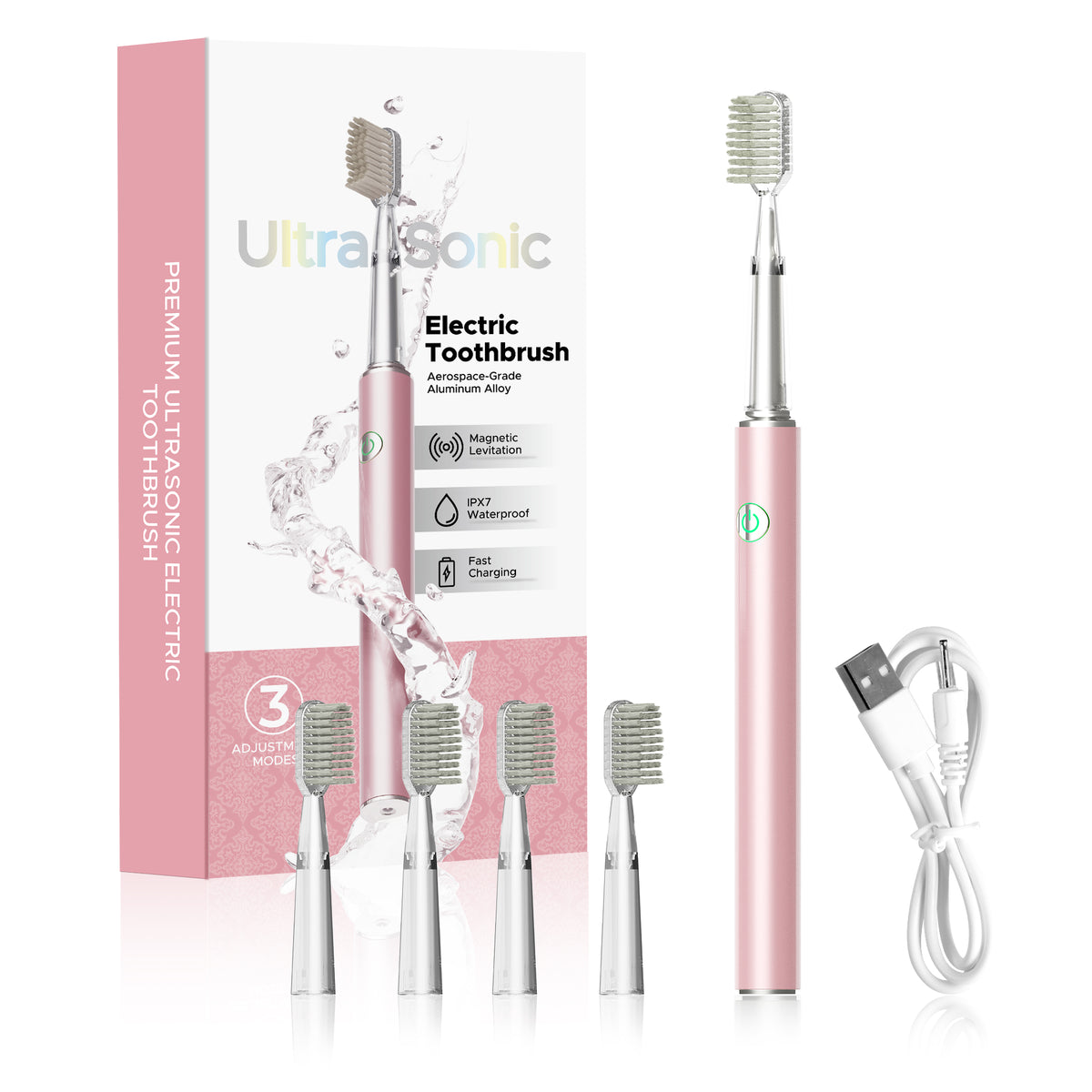 Ultrasonic Electric Toothbrush | Aerospace Metal Body | IPX7 Waterproof | 4 Brush Heads
