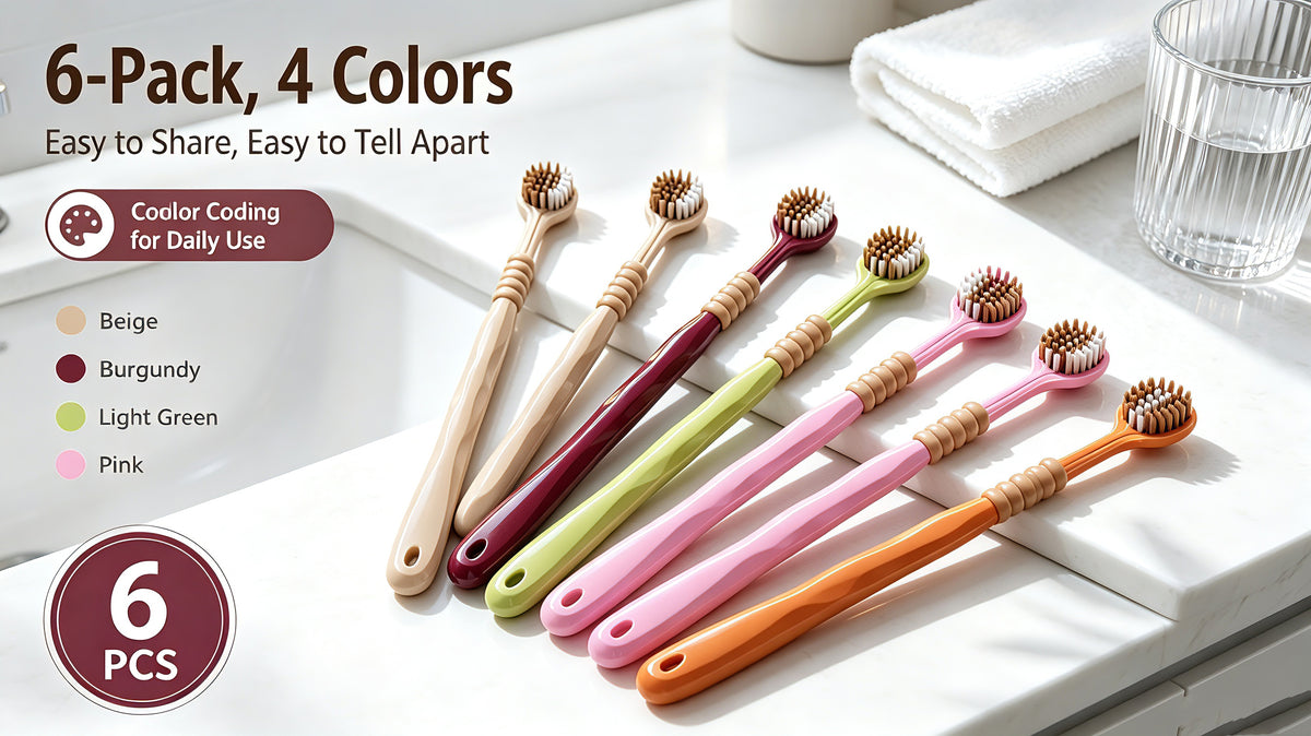 3-Sided Toothbrush | 6-Pack | Fan-Shaped Head | Deep Clean All Surfaces | 6 Colors A+ 图片