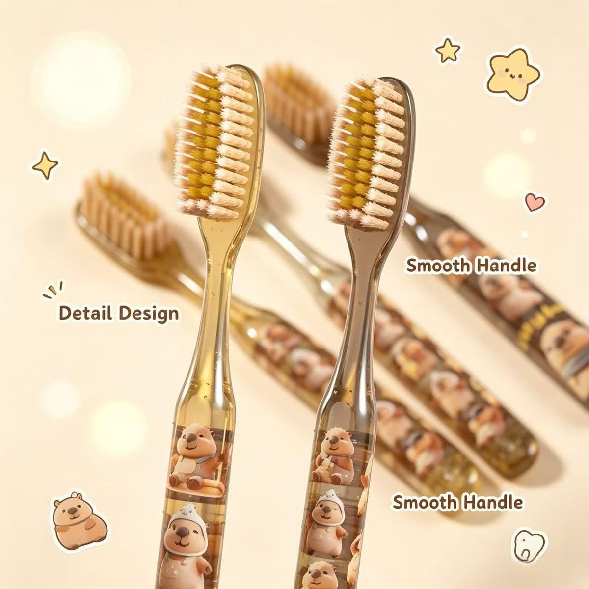 Kids Toothbrush 4 Pack | Capybara Animal Print, Clear Handle | Smilvy