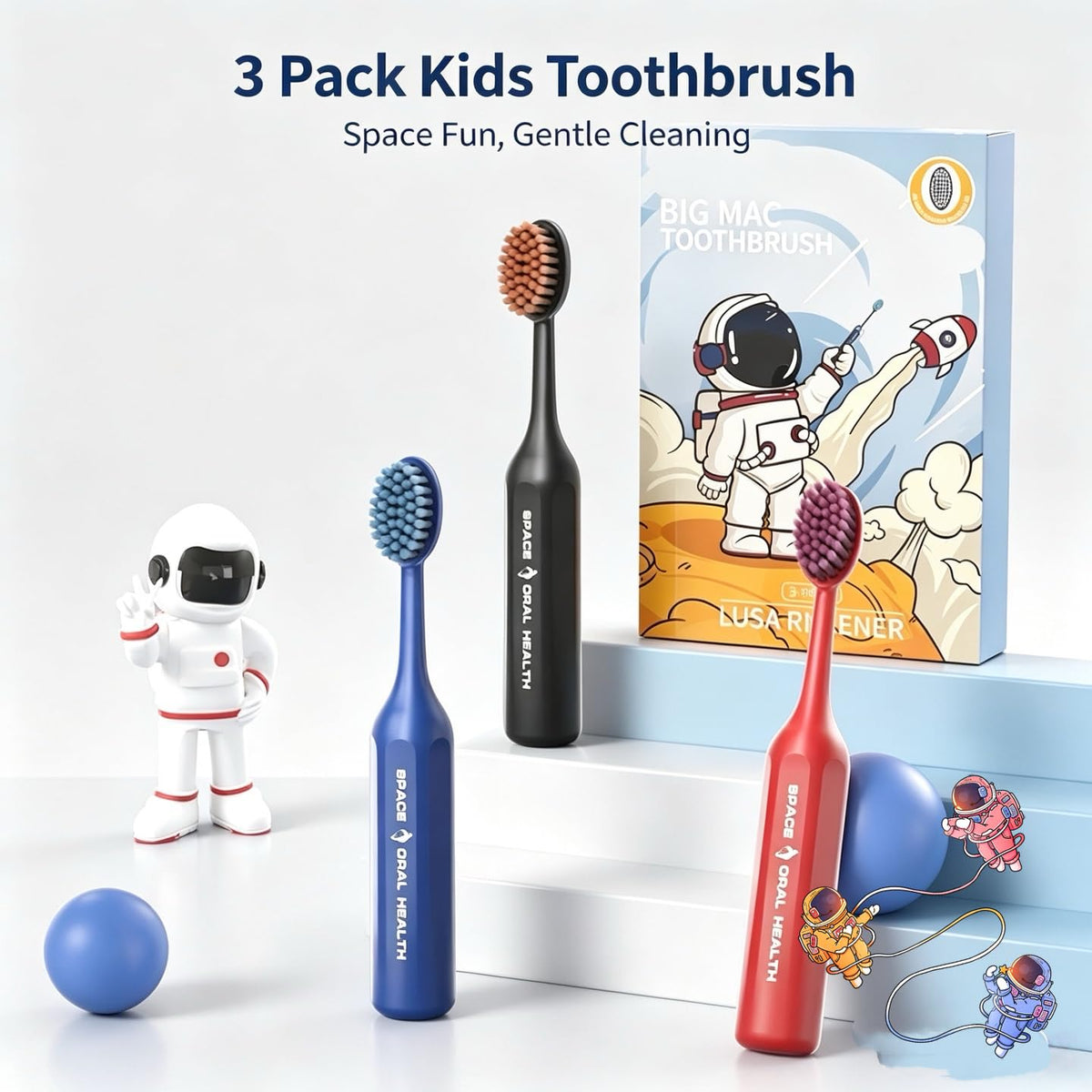 Kids Toothbrush 3 Pack | Space Theme, Soft Bristles | Smilvy