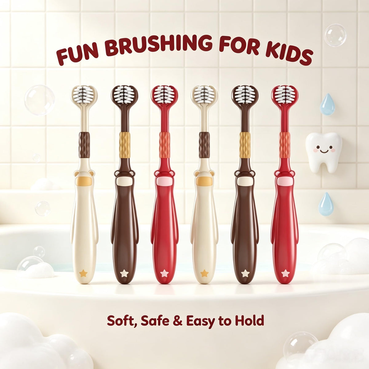 Kids Toothbrush 6 Pack | Cute Bear Design, Soft Bristles, Easy-Grip | Smilvy