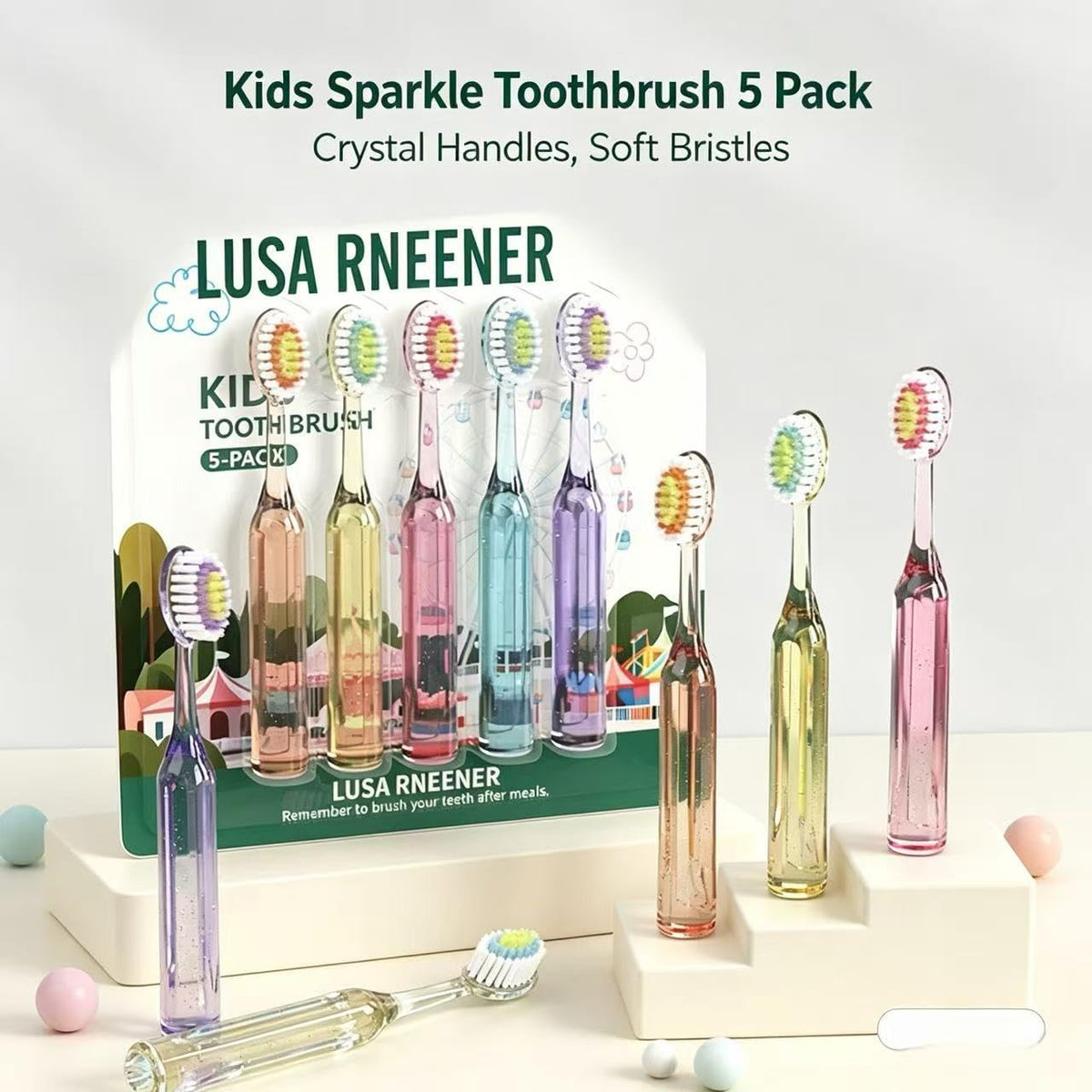 Kids Toothbrush Set 5 Pack | Sparkly Crystal Handles, Soft Bristles | Smilvy