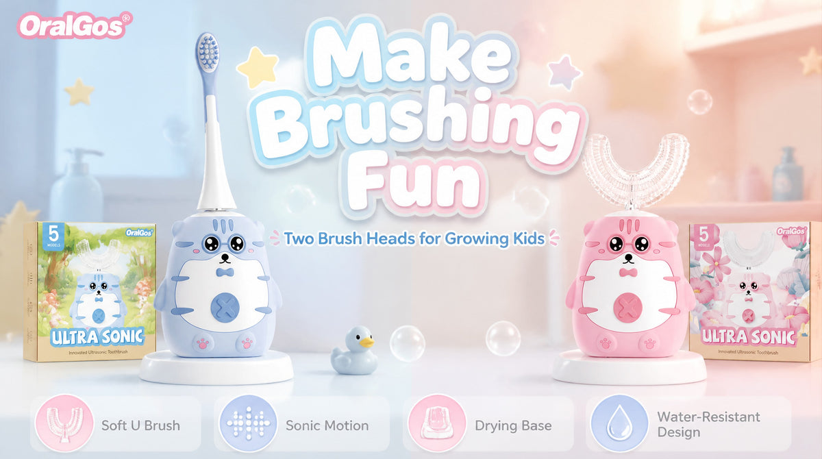 OralGos Kids Sonic Toothbrush | Cute Tiger Design | U-Brush + Standard Head | Blue & Pink A+ 图片