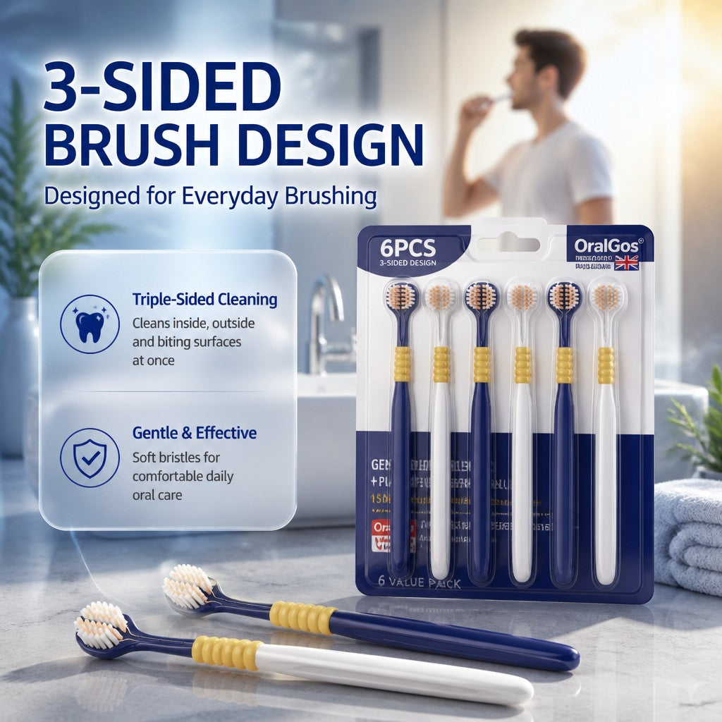 3-Sided Toothbrush | 6-Pack | 150% More Bristles | Gentle Deep Clean | Navy & White