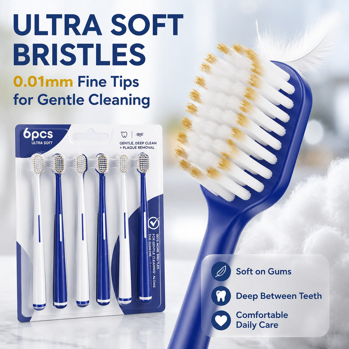 6-Pack Ultra Soft Toothbrush | 0.01mm Feather Bristles | Extra Gentle for Sensitive Gums