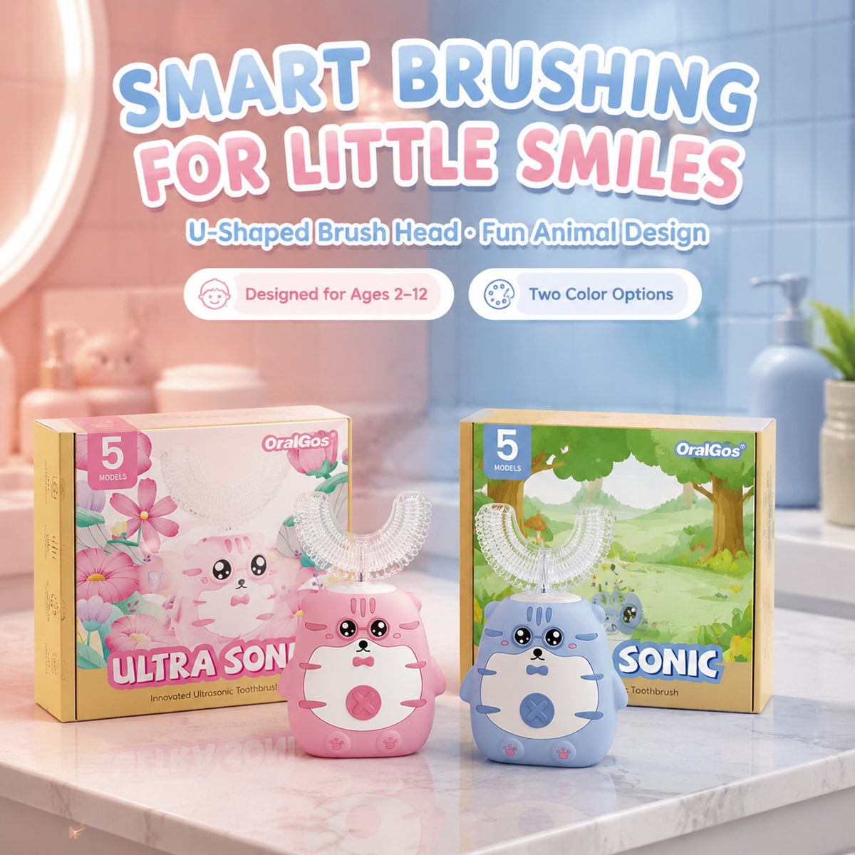 OralGos Kids Sonic Toothbrush | Cute Tiger Design | U-Brush + Standard Head | Blue & Pink