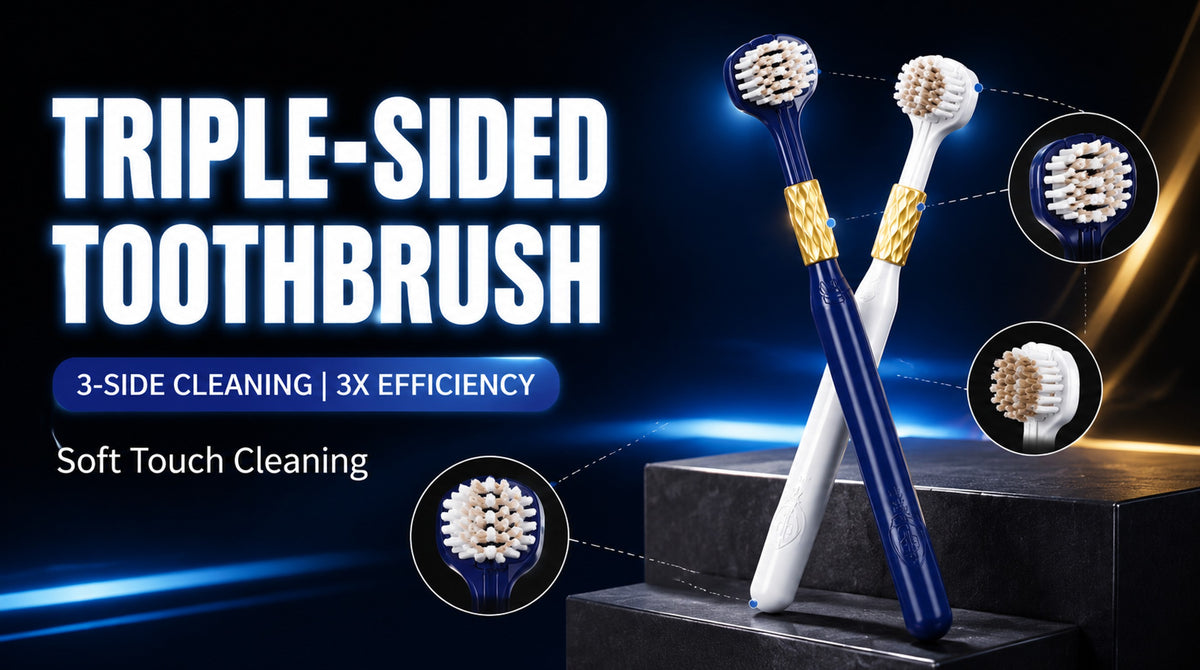 6-Pack Navy Gold Three-Sided Toothbrush | Dual Bristle | Family Value Set A+ 图片