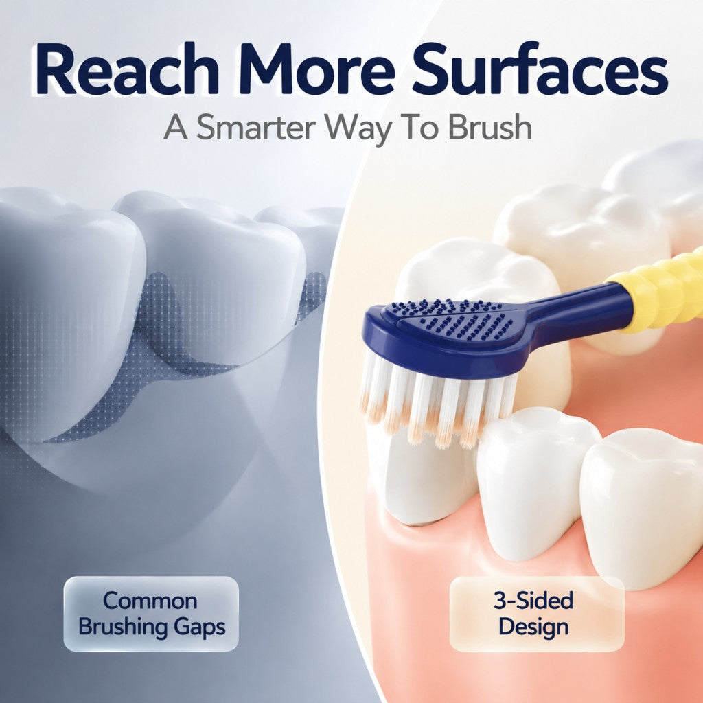 3-Sided Toothbrush | 6-Pack | 150% More Bristles | Gentle Deep Clean | Navy & White
