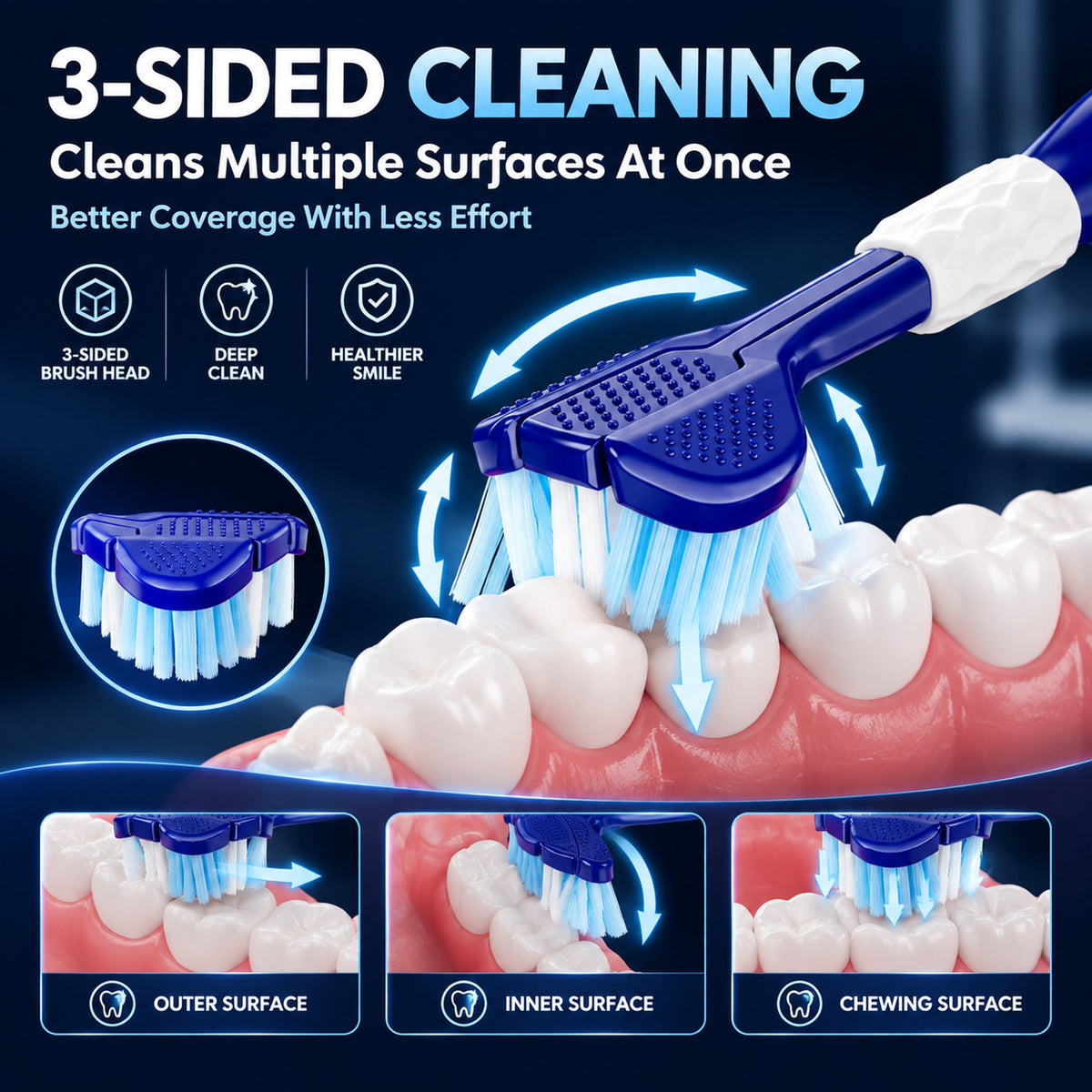 3D Three-Sided Toothbrush | 6-Pack | Wrap-Around Head | Cleans All Surfaces in One Stroke