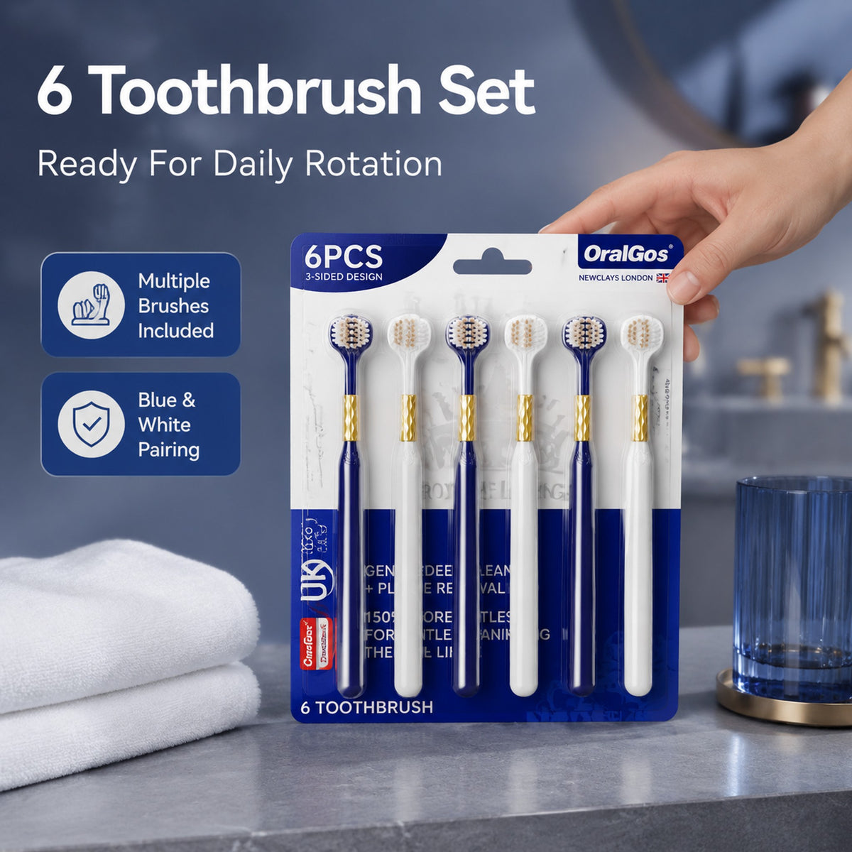 6-Pack Navy Gold Three-Sided Toothbrush | Dual Bristle | Family Value Set