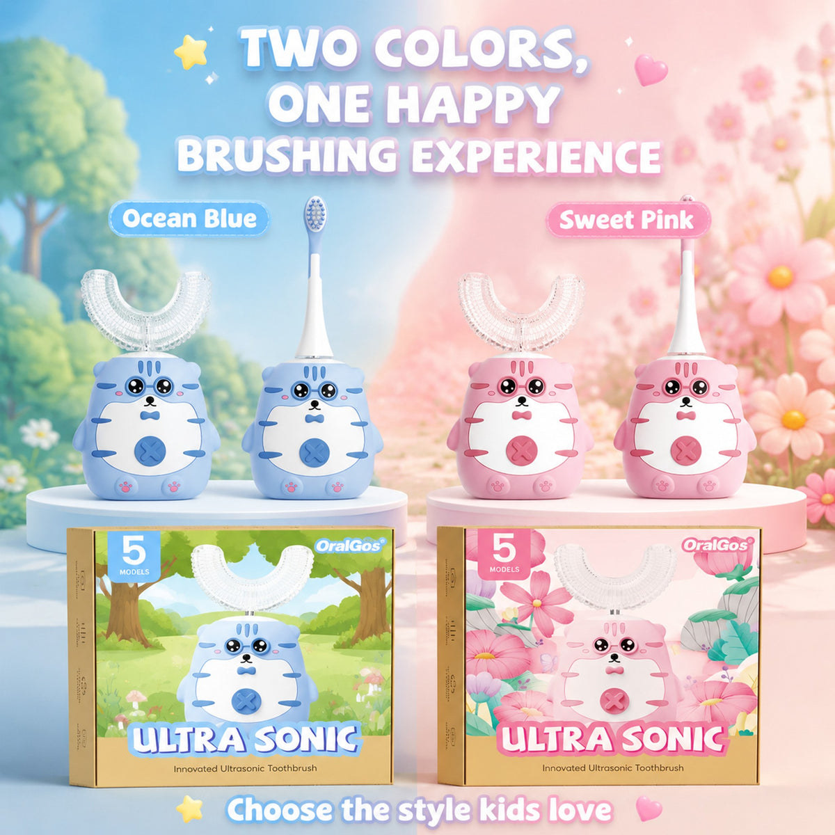 OralGos Kids Sonic Toothbrush | Cute Tiger Design | U-Brush + Standard Head | Blue & Pink