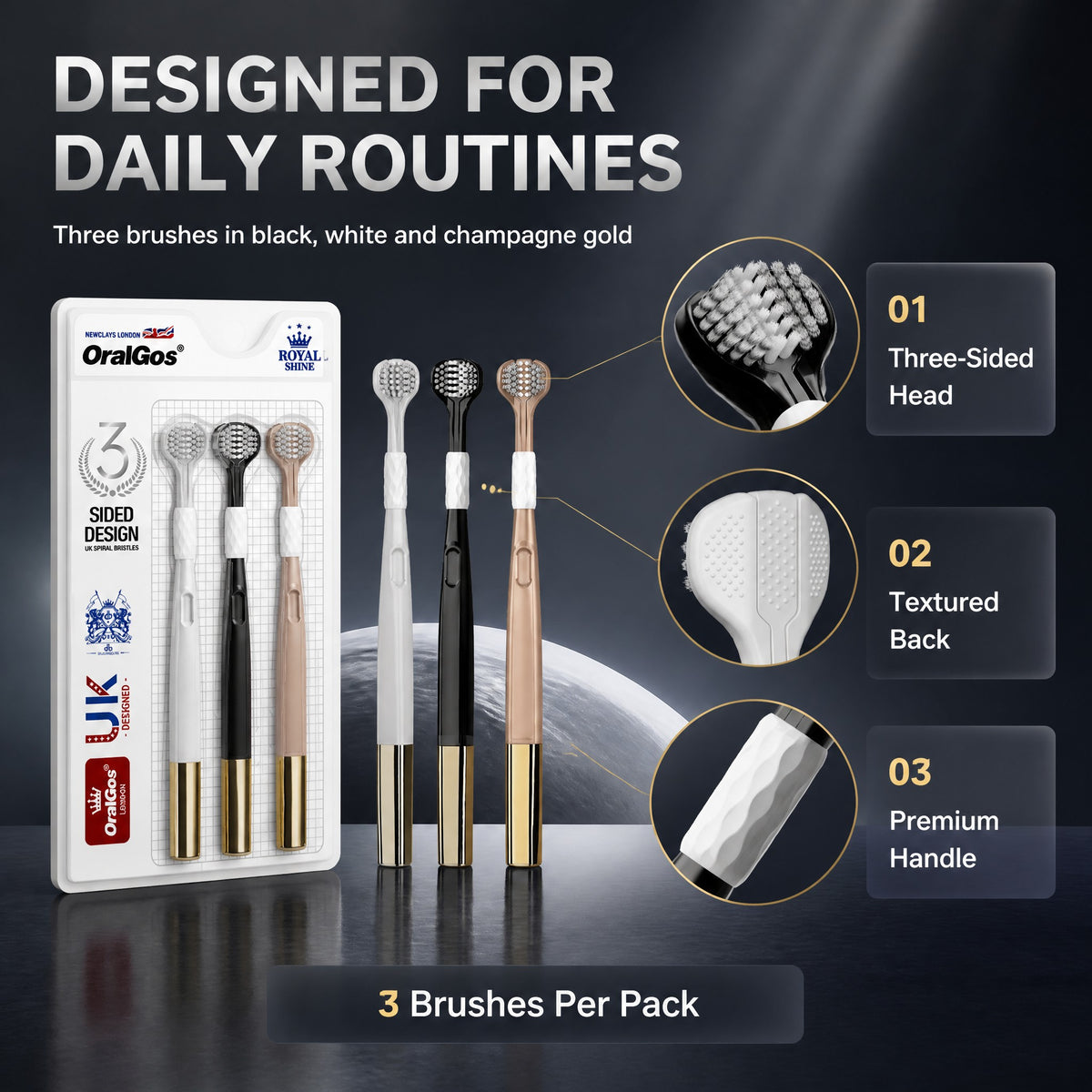 3-Pack Three-Sided Toothbrush | Charcoal & Soft Bristles | 360° Deep Clean