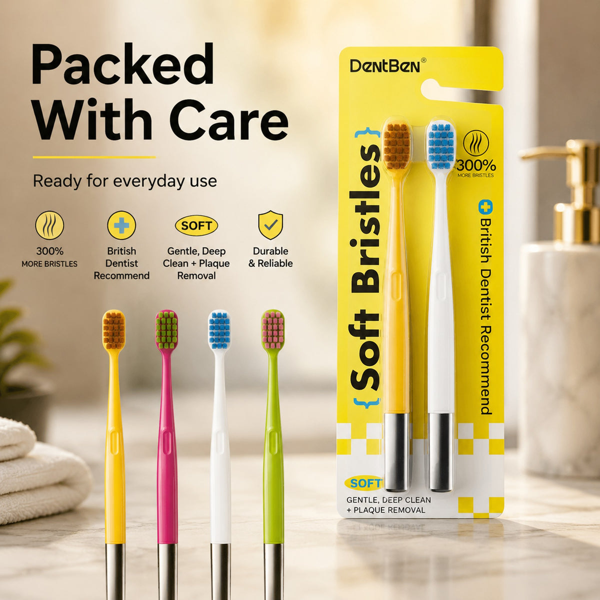Soft Bristle Toothbrush | 2-Pack | Stainless Steel Handle | 4 Colors