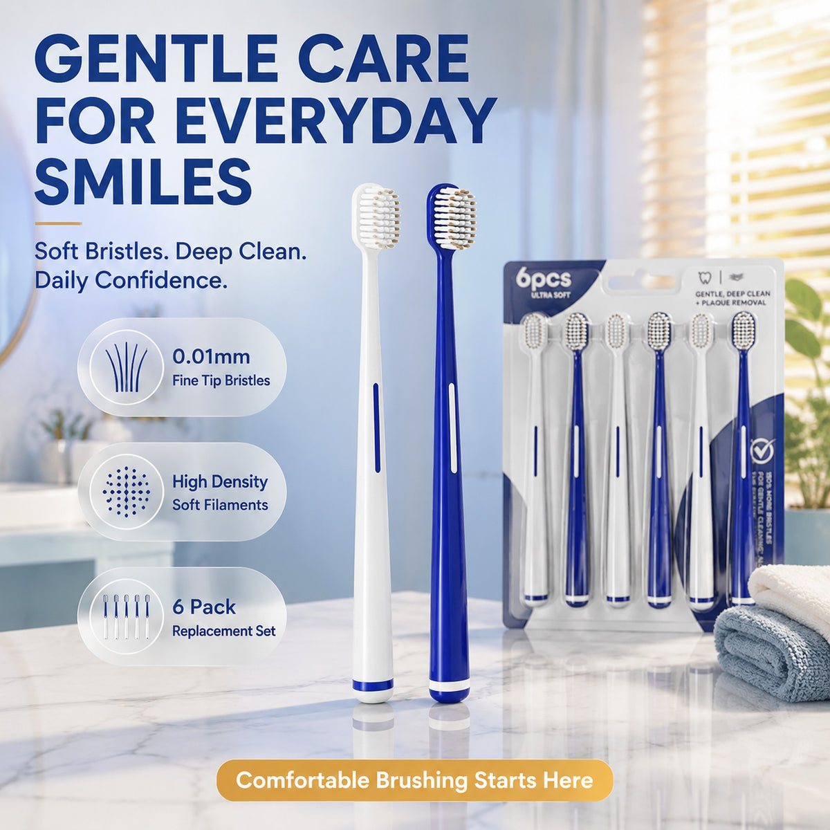 6-Pack Ultra Soft Toothbrush | 0.01mm Feather Bristles | Extra Gentle for Sensitive Gums