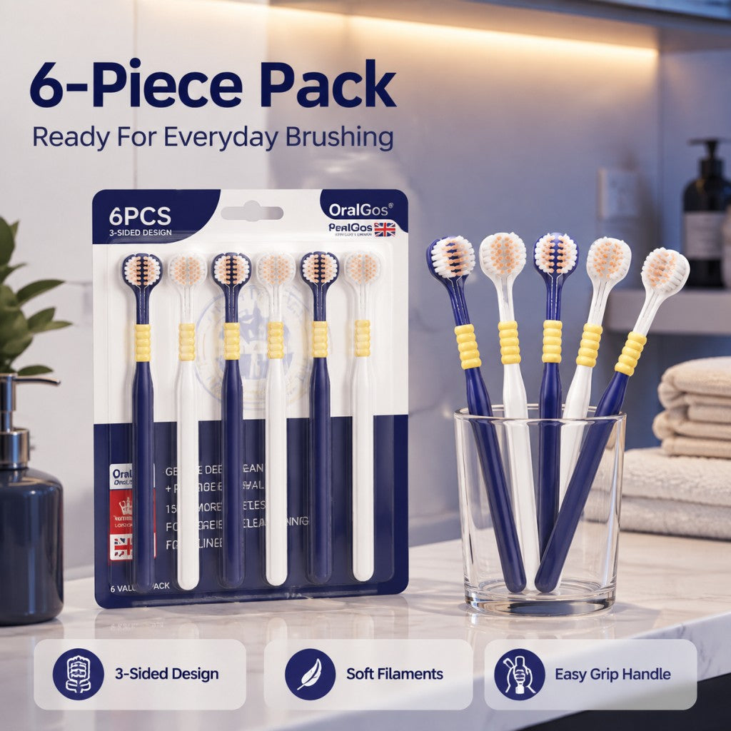 3-Sided Toothbrush | 6-Pack | 150% More Bristles | Gentle Deep Clean | Navy & White