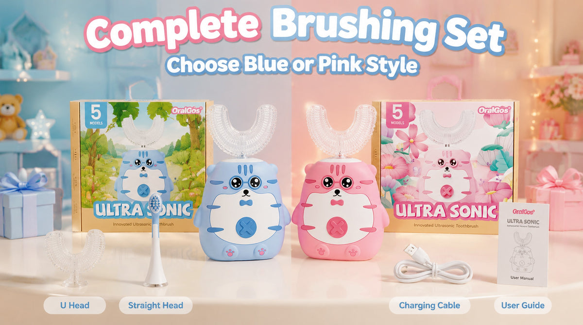 OralGos Kids Sonic Toothbrush | Cute Tiger Design | U-Brush + Standard Head | Blue & Pink A+ 图片