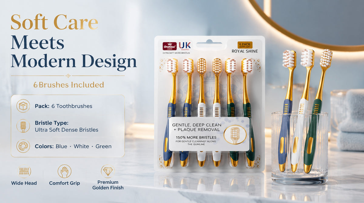 OralGos Wide-Head Toothbrush | 6-Pack | 0.01mm Ultra Soft Bristles | British Design A+ 图片